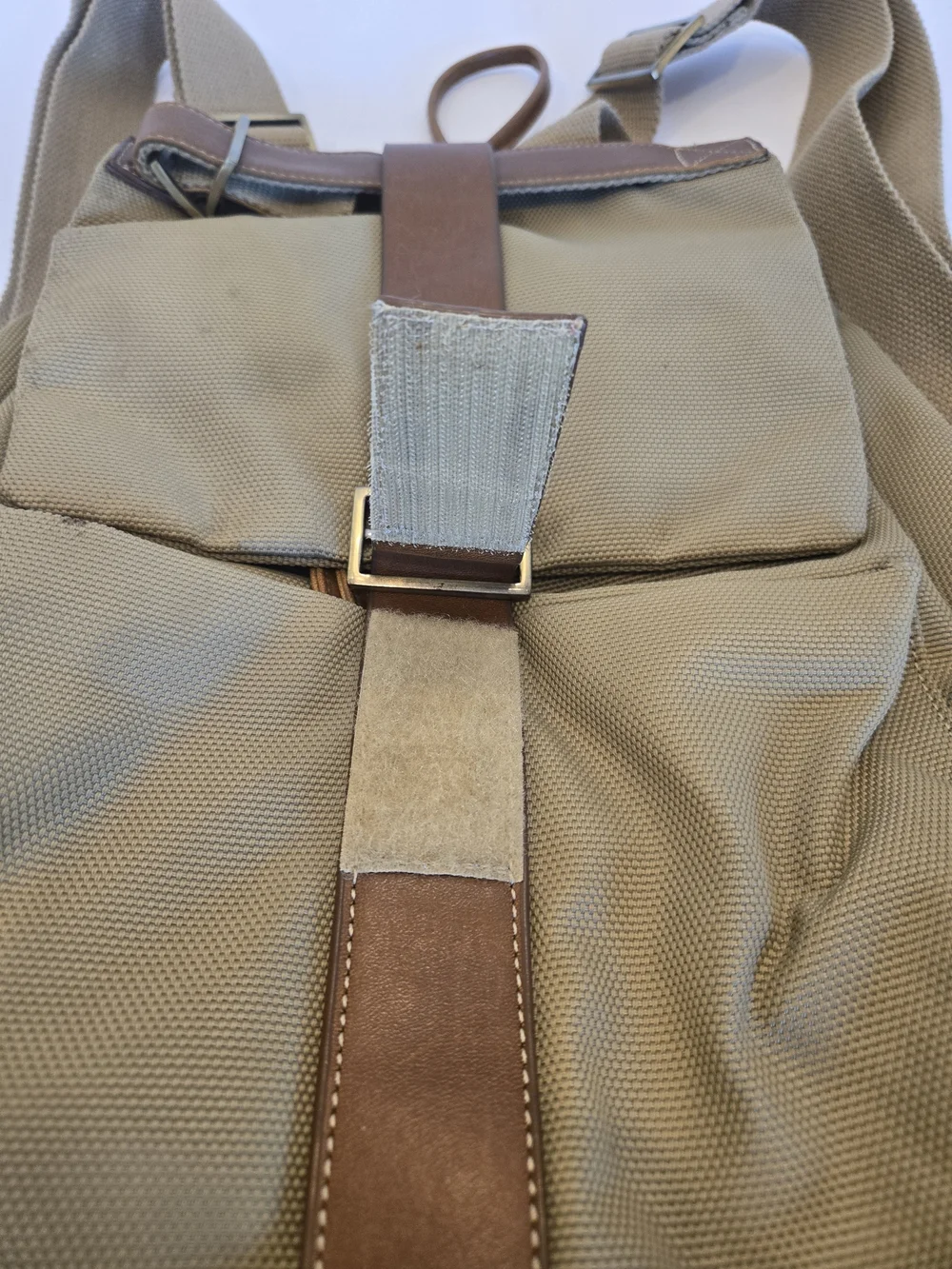 Khaki Canvas Backpack with Brown Trim for Women